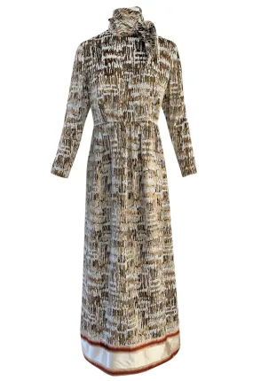 1960s Bill Blass Metallic Gold & Ivory Fused Silk Velvet Dress w Attached Neck Tie