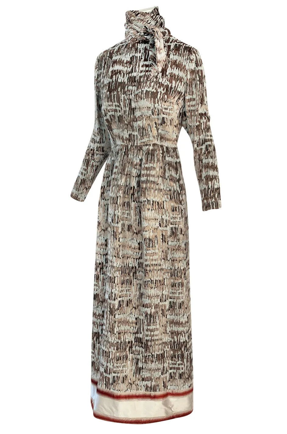 1960s Bill Blass Metallic Gold & Ivory Fused Silk Velvet Dress w Attached Neck Tie