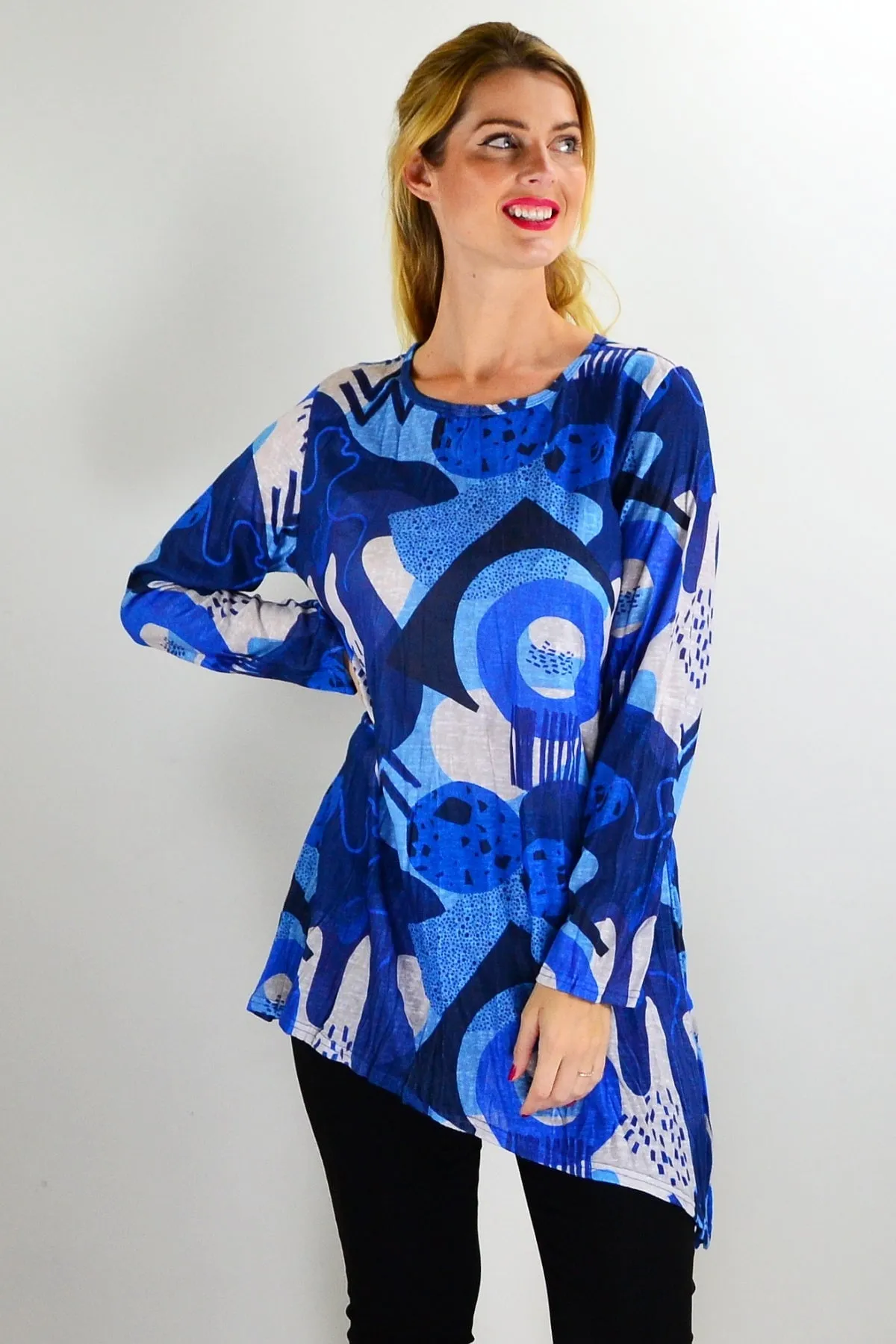 Blue Water Print Crinkle Tunic Top