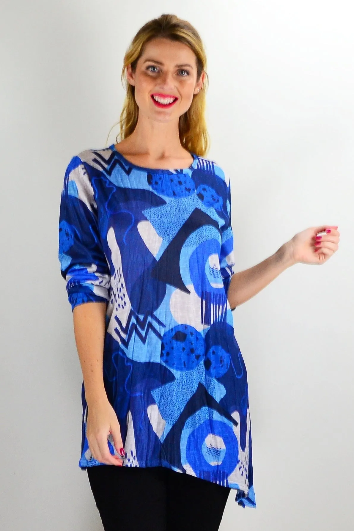 Blue Water Print Crinkle Tunic Top