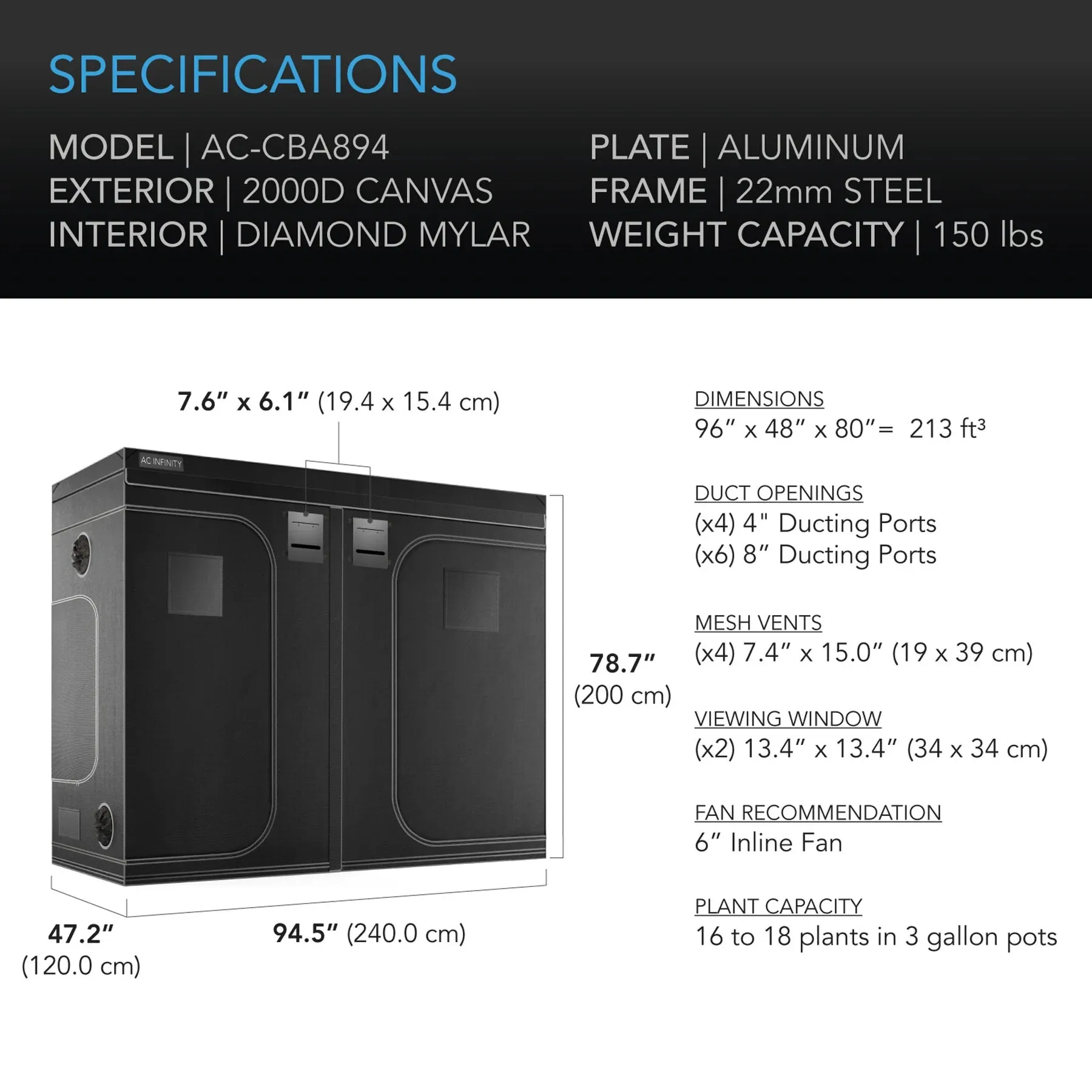 Cloudlab 894 Advance Grow Tent - 244 x 122 x 203cm (AC-CBA894)