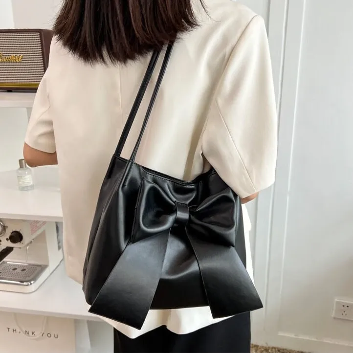 Cute Minimalist Vegan Leather Bag, Retro Leather Shoulder Bag, Handle Bag for Women, Ribbon Decor Handbag, Handheld Handbag for Women