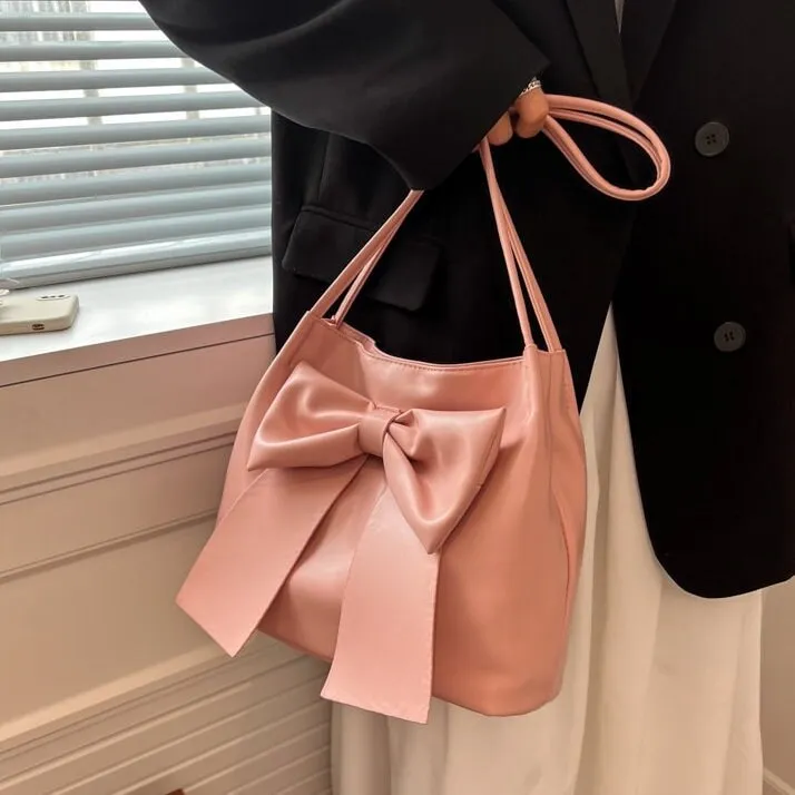 Cute Minimalist Vegan Leather Bag, Retro Leather Shoulder Bag, Handle Bag for Women, Ribbon Decor Handbag, Handheld Handbag for Women