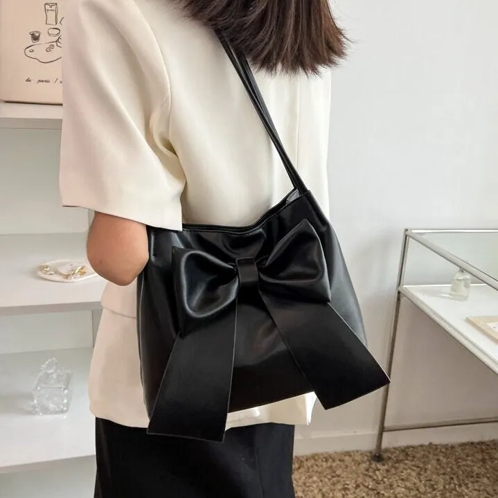 Cute Minimalist Vegan Leather Bag, Retro Leather Shoulder Bag, Handle Bag for Women, Ribbon Decor Handbag, Handheld Handbag for Women