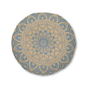 Handmade Mandala Art Floor Cushion - Steel Blue & Tan - Tufted Round