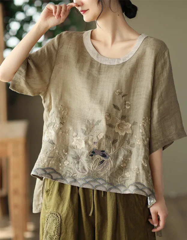 Linen Rounded Neck Embroidery Mid-sleeve Shirt