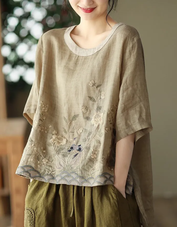 Linen Rounded Neck Embroidery Mid-sleeve Shirt