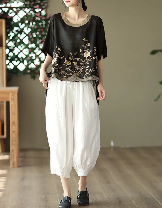 Linen Rounded Neck Embroidery Mid-sleeve Shirt