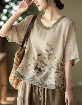 Linen Rounded Neck Embroidery Mid-sleeve Shirt