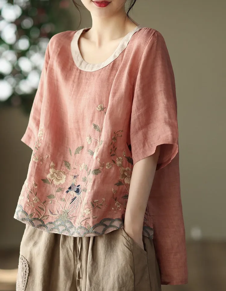 Linen Rounded Neck Embroidery Mid-sleeve Shirt