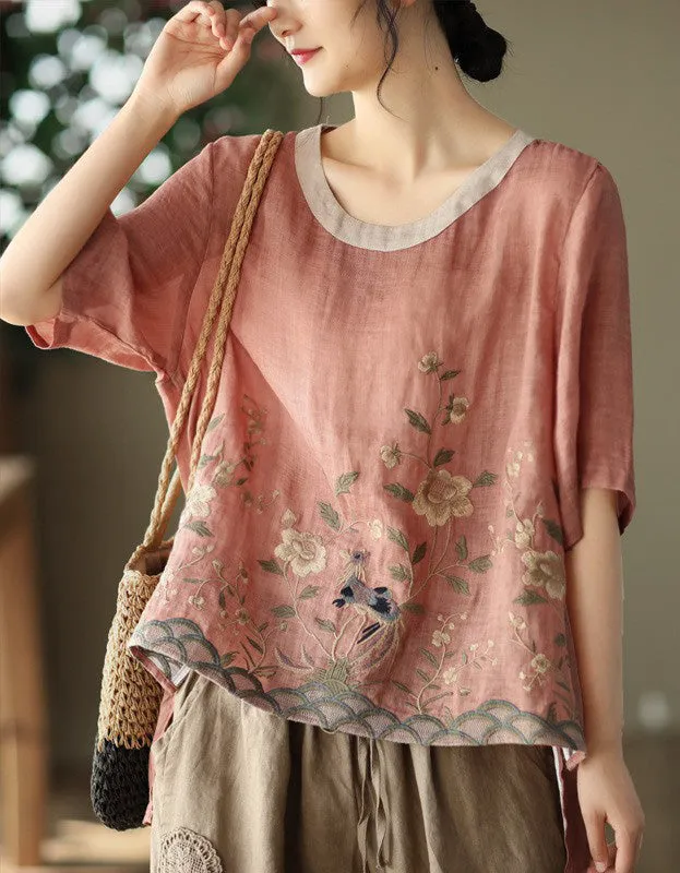 Linen Rounded Neck Embroidery Mid-sleeve Shirt