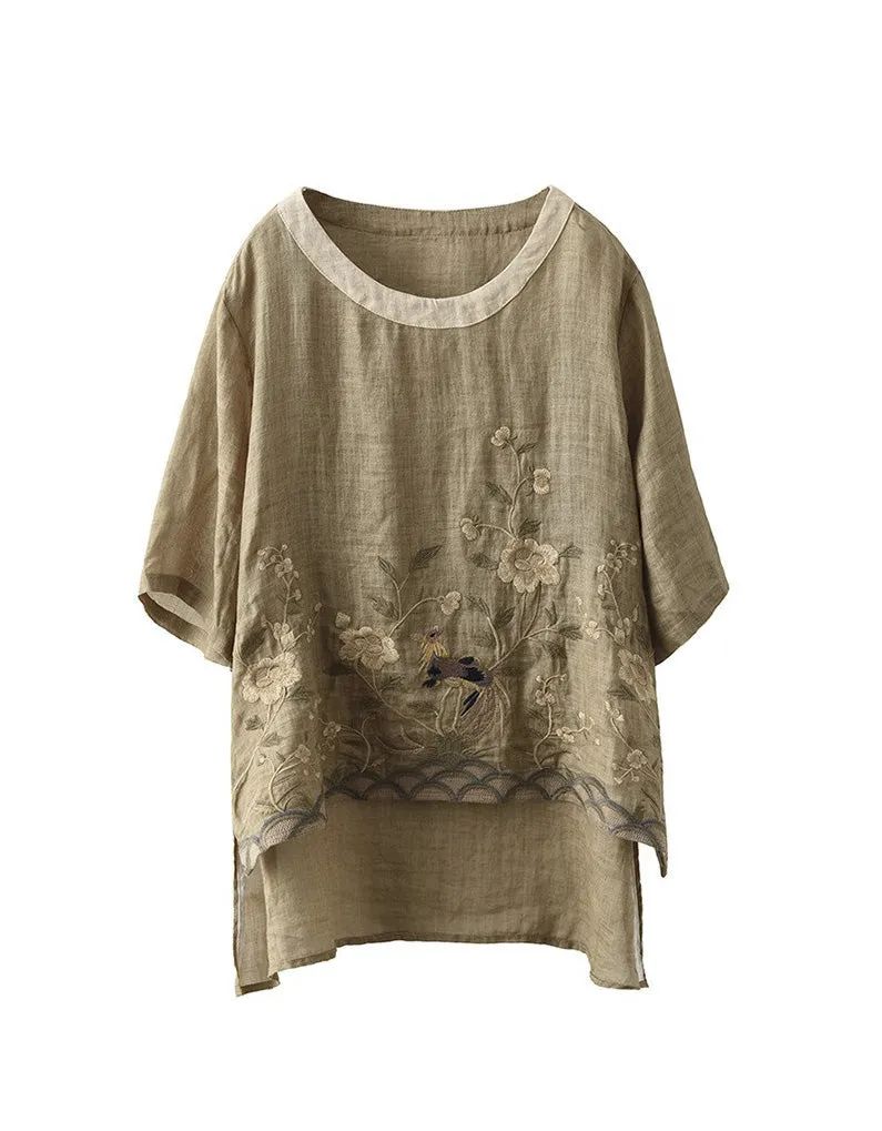 Linen Rounded Neck Embroidery Mid-sleeve Shirt