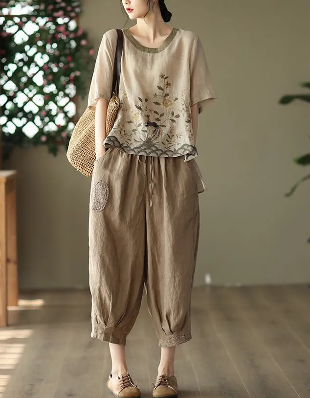 Linen Rounded Neck Embroidery Mid-sleeve Shirt