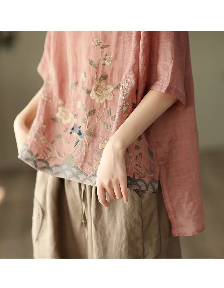 Linen Rounded Neck Embroidery Mid-sleeve Shirt