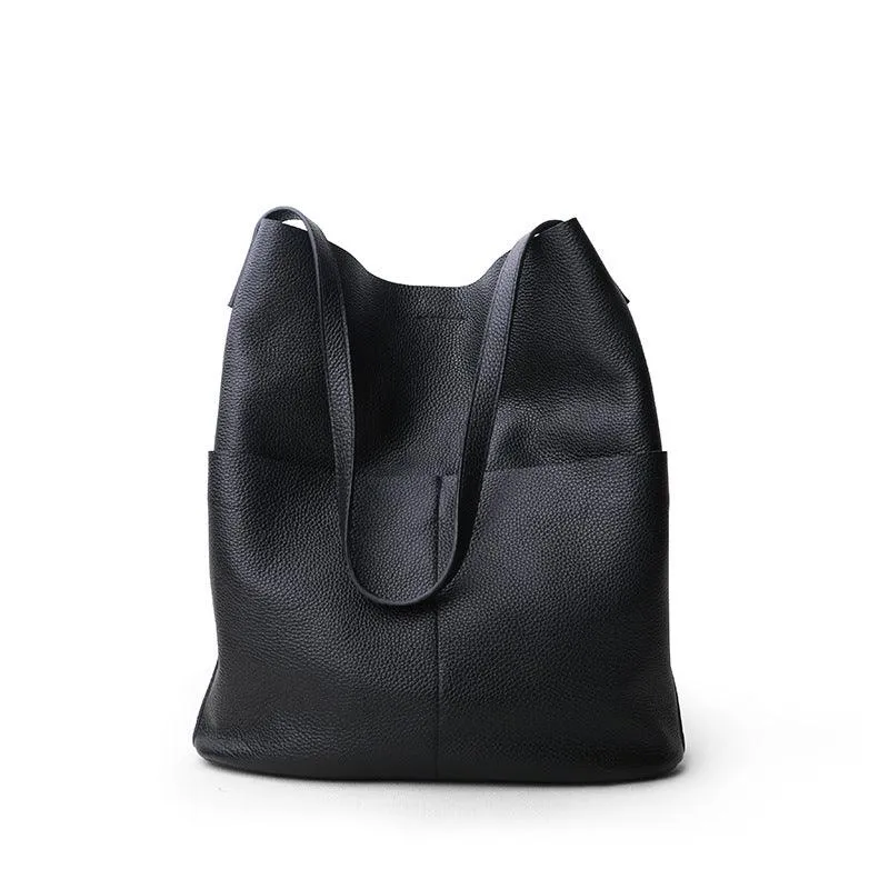 Oak Cowhide Leather Tote Bag ｜ Women Handcrafted Soft Leather Bucket Bag ｜ Minimalist Tote, Two Front Pockets Bag｜Cloud Oslo Laptop Bag