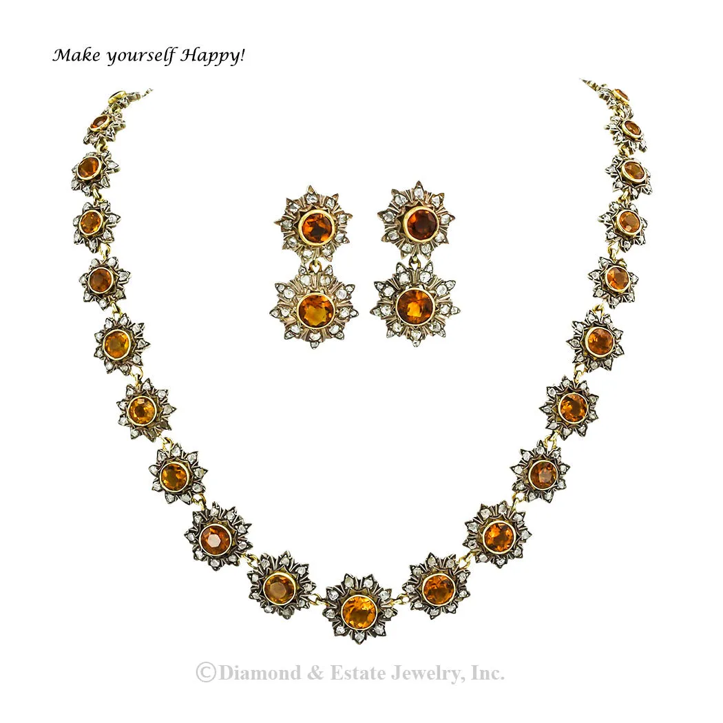 Victorian Citrine Rose Cut Diamond Earring Necklace Set